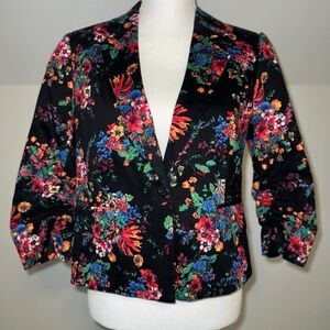 Laundry Shelli Segal Blazer Black Multi Floral 3/4 Ruched Sleeve
